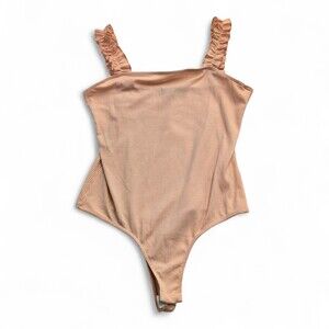 21 Saints‎ Nude Blush Ribbed Ruffle-Strap Bodysuit, M